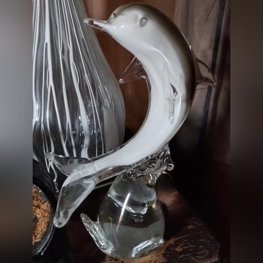 Large Blown Art Glass Sulpture of a Leaping Dolphin on Wave Silver